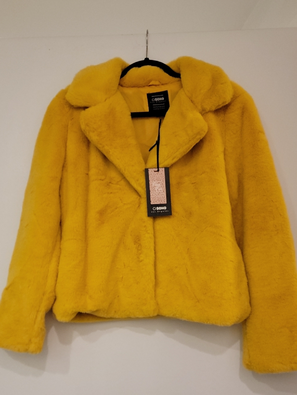 NWT Ci Sono Plush Faux Fur Yellow Collared Coat Jacket Teddy Bear Soft